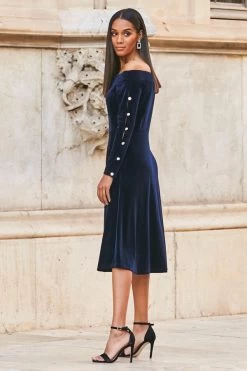 Midnight Blue Velvet Embellished Sleeve Bardot Dress -Trendora Shop web 77 a21dv019 013