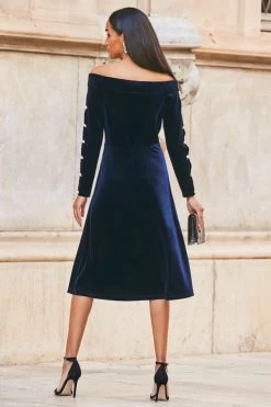 Midnight Blue Velvet Embellished Sleeve Bardot Dress -Trendora Shop web 77 a21dv019 084