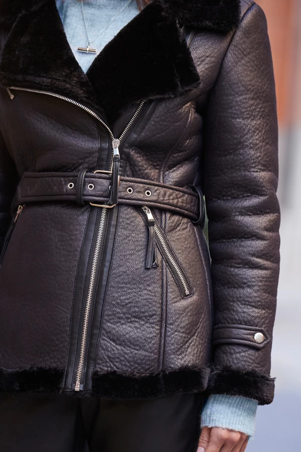Black Faux Shearling Belted Biker Jacket 5 Black Faux Shearling Belted Biker Jacket - Image 5