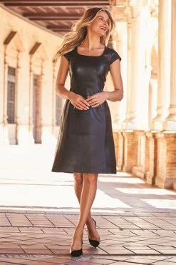 Black Square Neck Cap Sleeve Leather Dress