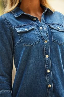 Indigo Blue Popper Front Denim Shift Dress 10 Indigo Blue Popper Front Denim Shift Dress -Trendora Shop web 83 s22dd013be 122