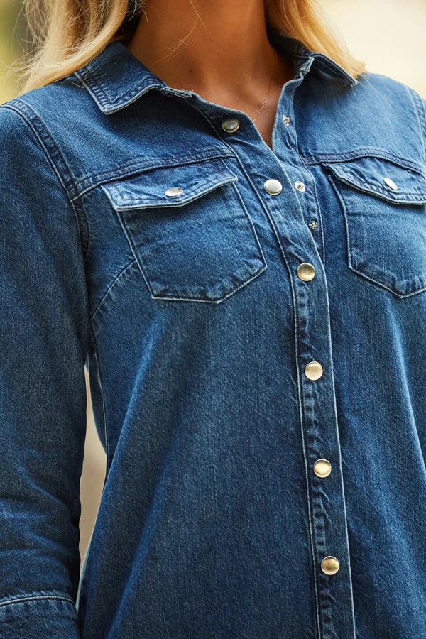 Indigo Blue Popper Front Denim Shift Dress 5 Indigo Blue Popper Front Denim Shift Dress - Image 5