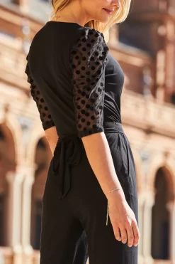 Black Organza Spot Sleeve Wrap Front Jumpsuit -Trendora Shop web 83 s22jj003bk0001 175 1