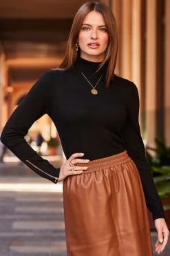Tan Faux Leather Stretch Waist Skirt -Trendora Shop web 83 s23sp003bn0004 a20tk008bk0001 070