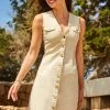 Ecru Gold Button Front Sleeveless Denim Dress
