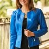 Cobalt Blue Zip Front Round Neck Leather Jacket