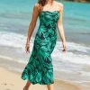 Black & Green Palm Print Ruched Front Bandeau Jersey Dress