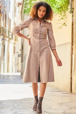 Taupe Faux Leather Popper Front Shirt Dress -Trendora Shop web 96 a20dp004bn0024 040