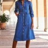 Mid Blue Popper Front Belted Denim Midi Dress
