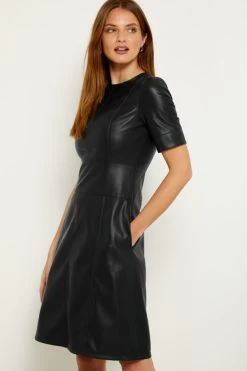 Black Leather Look Panelled Shift Dress -Trendora Shop web a19dp006bk 11