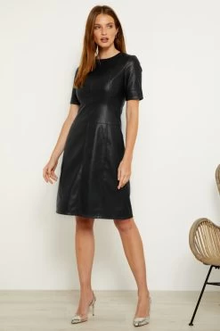 Black Leather Look Panelled Shift Dress -Trendora Shop web a19dp006bk 2