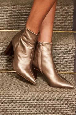 Angel Soft Gold Leather Zip Boot With Stack Heel