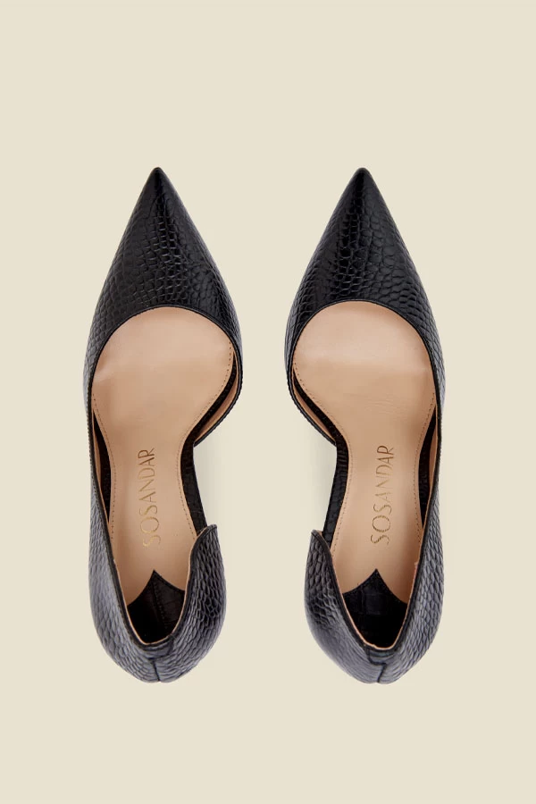 Isla Black Croc Leather Cut Out Detail Stiletto Court Shoe 3 Isla Black Croc Leather Cut Out Detail Stiletto Court Shoe - Image 3