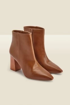 Harper Tan Leather Stack Heel Pointed Toe Ankle Boot