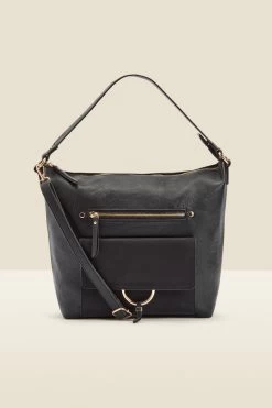Black Large Hoop Clasp Shoulder Bag With Pocket Detail