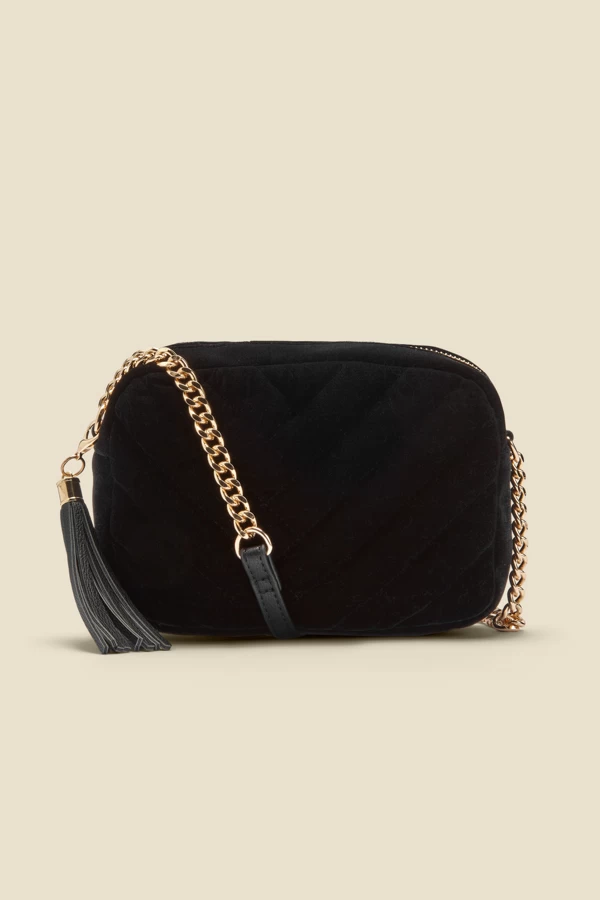 Black Soft Velvet Quilted Tassel Detail Cross Body Bag 3 Black Soft Velvet Quilted Tassel Detail Cross Body Bag - Image 3