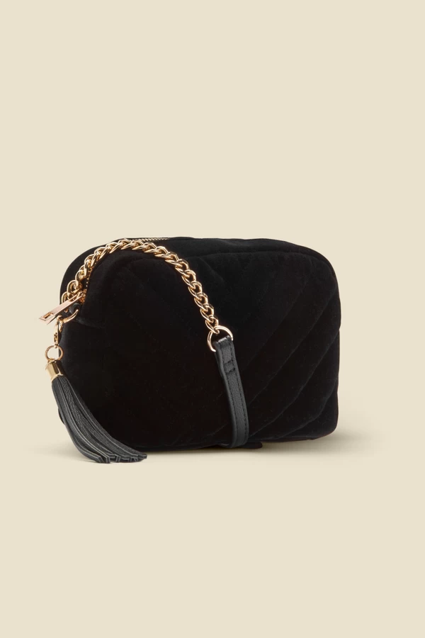 Black Soft Velvet Quilted Tassel Detail Cross Body Bag 2 Black Soft Velvet Quilted Tassel Detail Cross Body Bag - Image 2