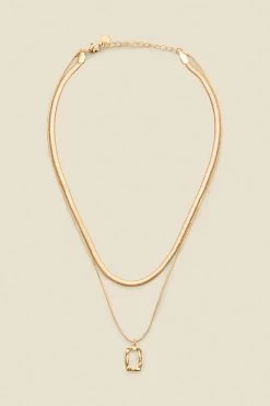 Gold Square Pendant Slinky Chain Layered Necklace
