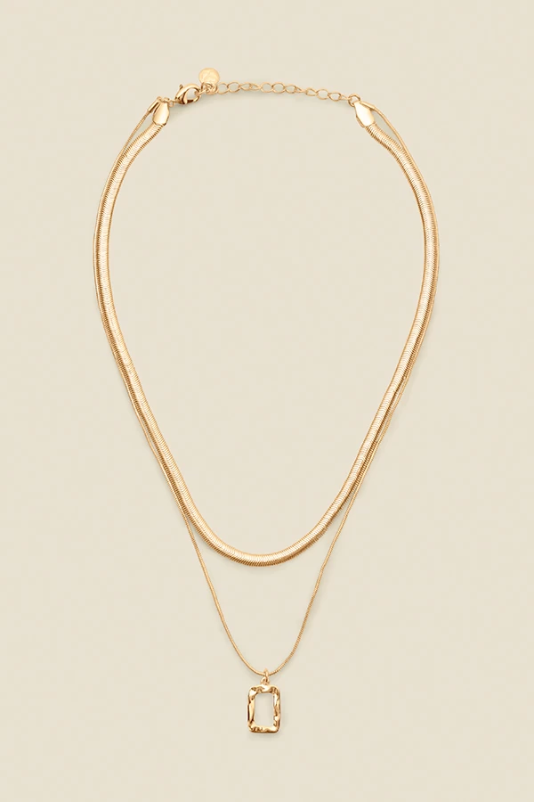 Gold Square Pendant Slinky Chain Layered Necklace 1 Gold Square Pendant Slinky Chain Layered Necklace
