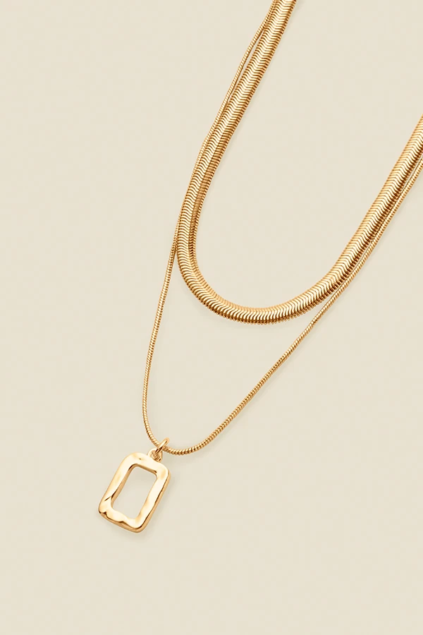 Gold Square Pendant Slinky Chain Layered Necklace 2 Gold Square Pendant Slinky Chain Layered Necklace - Image 2