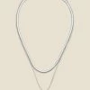 Silver Square Pendant Slinky Chain Layered Necklace