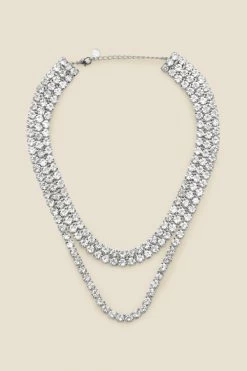 Silver Rhinestone Triple Layer Necklace
