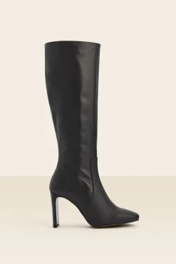 Brooke Black Leather Curved Heel Knee High Boot