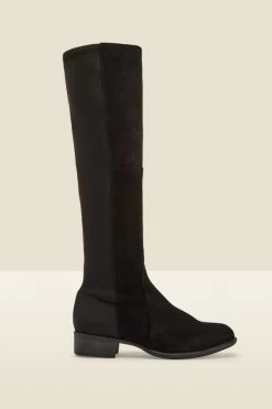 Gia Black Suede Flat Knee High Boot With Elastic Panel