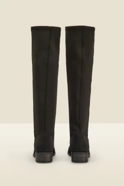 Gia Black Suede Flat Knee High Boot With Elastic Panel -Trendora Shop web a22fw032bk c