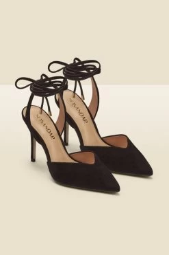 Valeria Black Suede Pointed Toe Court With Ankle Wrap -Trendora Shop web a22fw036bk a