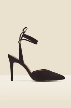 Valeria Black Suede Pointed Toe Court With Ankle Wrap -Trendora Shop web a22fw036bk b