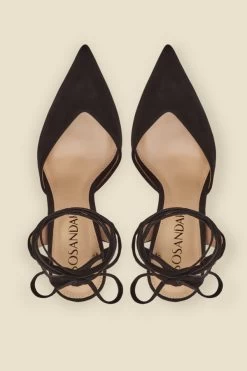 Valeria Black Suede Pointed Toe Court With Ankle Wrap -Trendora Shop web a22fw036bk c