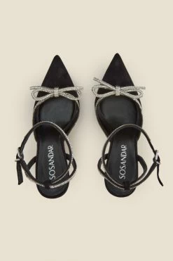 Black Suede Diamante Bow Trim Ankle Strap Court Shoe -Trendora Shop web a22fw038bk c