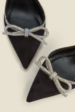 Black Suede Diamante Bow Trim Ankle Strap Court Shoe -Trendora Shop web a22fw038bk d