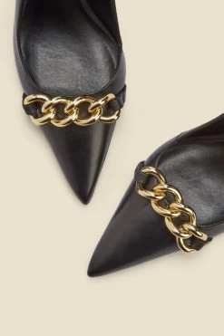 Ariana Black Leather Chain Detail Slingback Court Shoe -Trendora Shop web a22fw039bn d 1