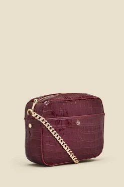 Wine Croc Faux Leather Chain Detail Cross Body Bag -Trendora Shop web a23ac001rd0011 b