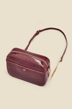 Wine Croc Faux Leather Chain Detail Cross Body Bag -Trendora Shop web a23ac001rd0011 c