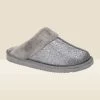 Silver Glitter Mule Slippers With Faux Fur Lining