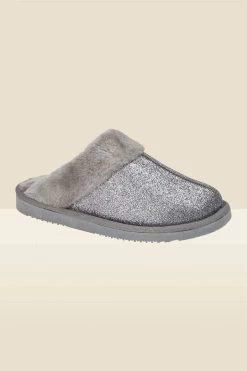 Silver Glitter Mule Slippers With Faux Fur Lining