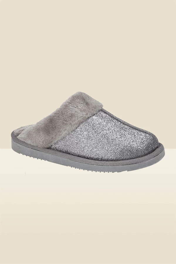 Silver Glitter Mule Slippers With Faux Fur Lining 1 Silver Glitter Mule Slippers With Faux Fur Lining
