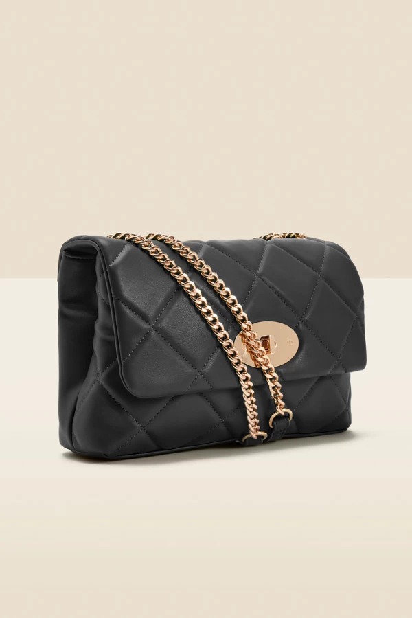 Black Faux Leather Quilted Clasp Detail Cross Body Bag 2 Black Faux Leather Quilted Clasp Detail Cross Body Bag - Image 2