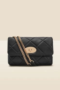 Black Faux Leather Quilted Clasp Detail Cross Body Bag