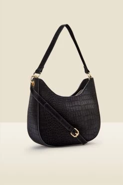 Black Croc Faux Leather Shoulder Bag