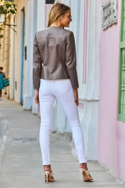 Taupe Zip Front Round Neck Leather Jacket -Trendora Shop web cc 133 s21ol004bn0003 119