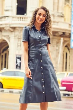 Navy Blue Faux Leather Short Sleeve Popper Front Shirt Dress -Trendora Shop web cc 37 a21dp007be0003 232