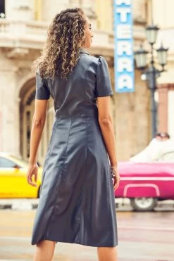 Navy Blue Faux Leather Short Sleeve Popper Front Shirt Dress -Trendora Shop web cc 37 a21dp007be0003 346