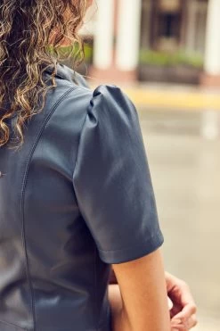 Navy Blue Faux Leather Short Sleeve Popper Front Shirt Dress -Trendora Shop web cc 37 a21dp007be0003 353