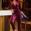 Burgundy Velvet Diamante Stud Faux Wrap Jumpsuit
