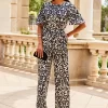 Black & White Mono Print Satin Angel Sleeve Wide Leg Jumpsuit