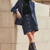 Navy Blue Boucle Button Front A-Line Skirt